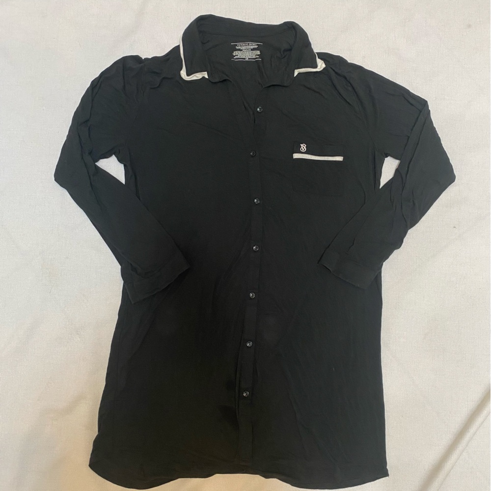 Victorias Secret Black Button Down Sleep Shirt Modal White Trim Pocket Soft